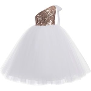 Girl’s Rose Gold & White One Shoulder Tie Dress